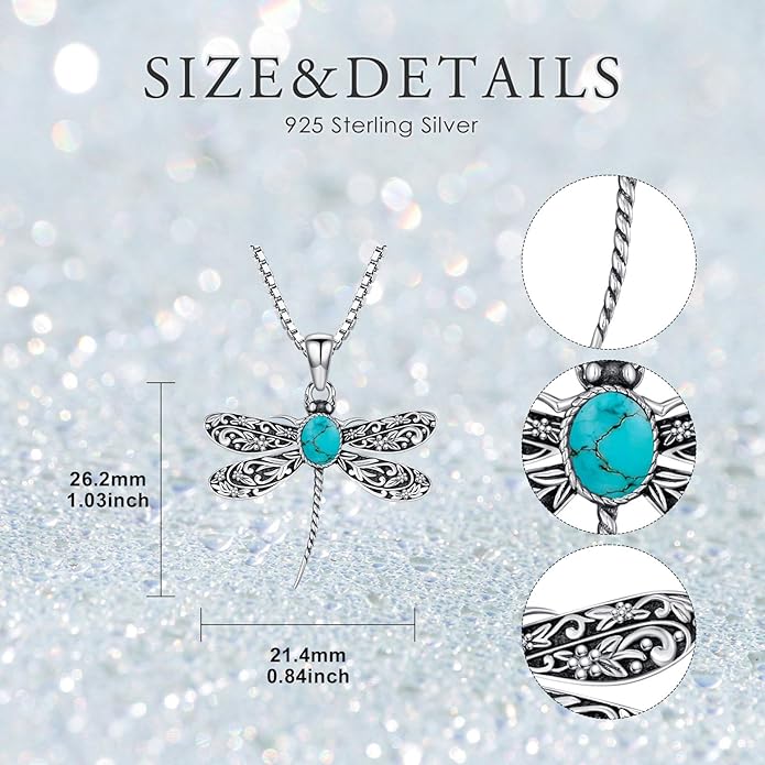 Vintage Dragonfly Necklace for Women 925 Sterling Silver, Oval Birthstone Dragonfly Pendant Boho Jewelry Birthday Gift for Her, Mom, Grandma