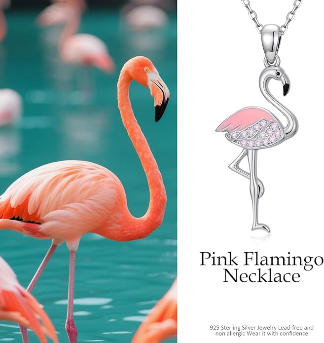 JUSTKIDSTOY Flamingo Necklace 925 Sterling Silver Animal Pendant with Cubic Zirconia Flamingo Bird Necklace Gifts for Women Wife Girlfriend
