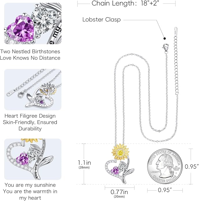 PERJI Valentine's Day Gifts for Women - 925 Sterling Silver Double Birthstone Sunflower Necklace, Anniversary Birthday Jewelry You are My Sunshine Gifts for Wife Couple Girlfriend 18"+2" Non Tarnish