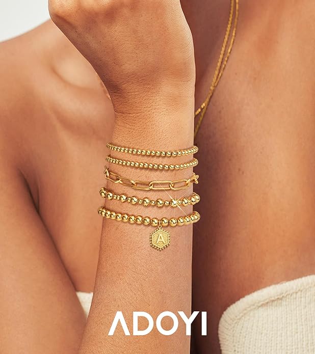 adoyi Gold Bracelets for Women Waterproof, 14K Gold Plated Beaded Strand Bead Ball Bracelets stack Adjustable Jewelry Set for Gifts