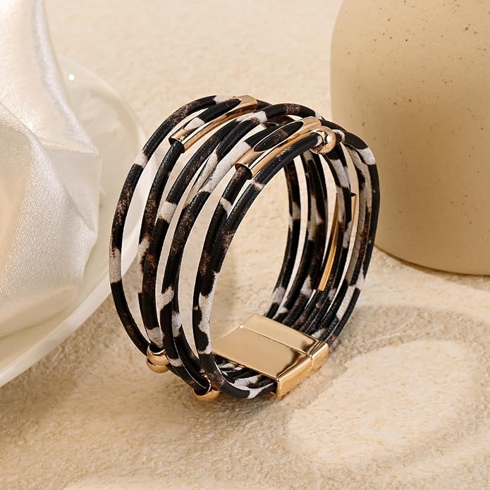 ENGCKSHI Wrapped Bracelets for Women,Leather Bracelet,Boho Bracelets for Women,Multi-Layer Pearl Crystal Bracelet Bangle Jewelry