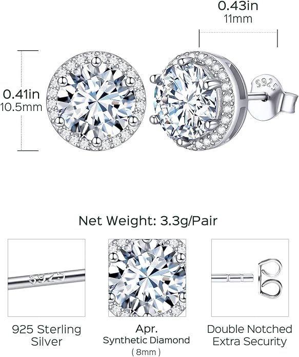 ChicSilver 925 Sterling Silver Birthstone Earrings for Women, 8MM/2 Carat Heart & Round Cubic Zirconia Stud Earrings, Hypoallergenic Jewelry, Ideal Birthday or Christmas Gifts