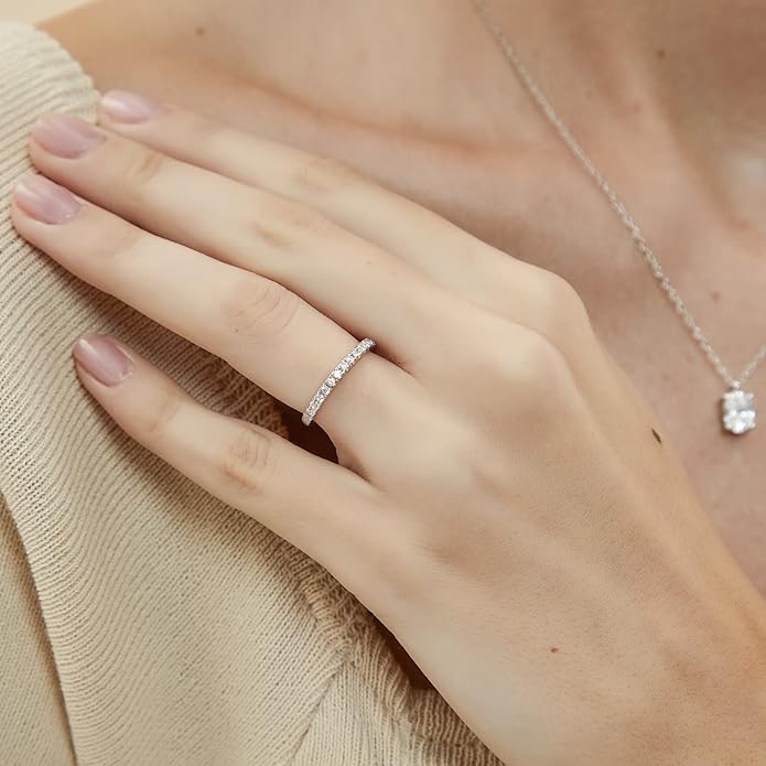 EAMTI 2mm 925 Sterling Silver Wedding Band Cubic Zirconia Half Eternity Stackable Engagement Ring Size 3-13