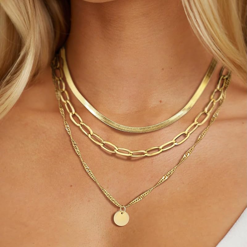 Gold Layered Necklaces for Women,14k Gold Plated Dainty Necklace Stack Set,Non Tarnish Adjustable Stainless Steel Herringbone Snake Circle Pendant Paperclip Choker Chain Jewelry