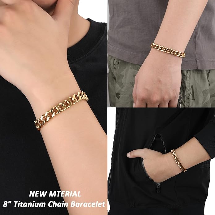 SanThree 9.5mm Solid Titanium Cuban Link Chain Bracelet for Men, Lightweight Skin-Friendly Hip Hop Bracelets for Birthday Graduation Friendship, 7"/7.5"/8",8.6"-9", Come with Gift Box
