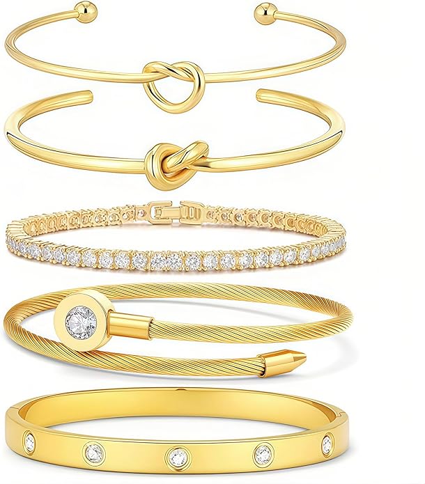 FAFUGA 18 K Gold Plated Love Bangle Bracelet Stack Cuff Jewelry for Women Jewelry Set for Women Gift with Box