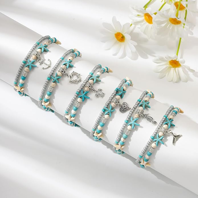 Starain Blue Turtle Anklets for Women Multilayer Beads Handmade Beach Ankle Bracelet Set Boho Foot Jewelry