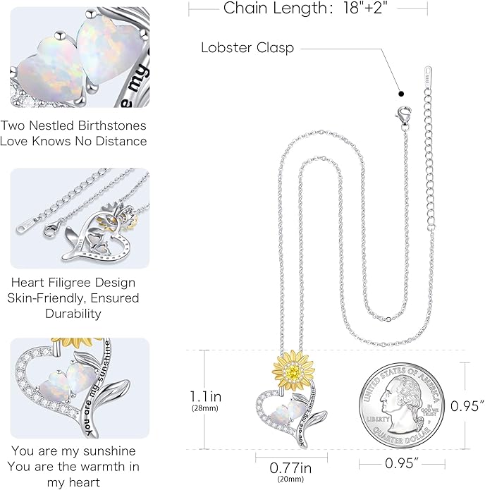 PERJI Valentine's Day Gifts for Women - 925 Sterling Silver Double Birthstone Sunflower Necklace, Anniversary Birthday Jewelry You are My Sunshine Gifts for Wife Couple Girlfriend 18"+2" Non Tarnish