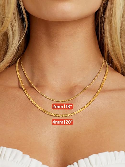 FaithHeart Mens Black/Silver/Gold Stainless Steel Flat Box Link Chain Necklace, Stylish 2/4/6/8mm Width Box Chains Necklaces for Men Non Tarnish Hip Hop Chain Jewelry Gifts,14"-30" Length