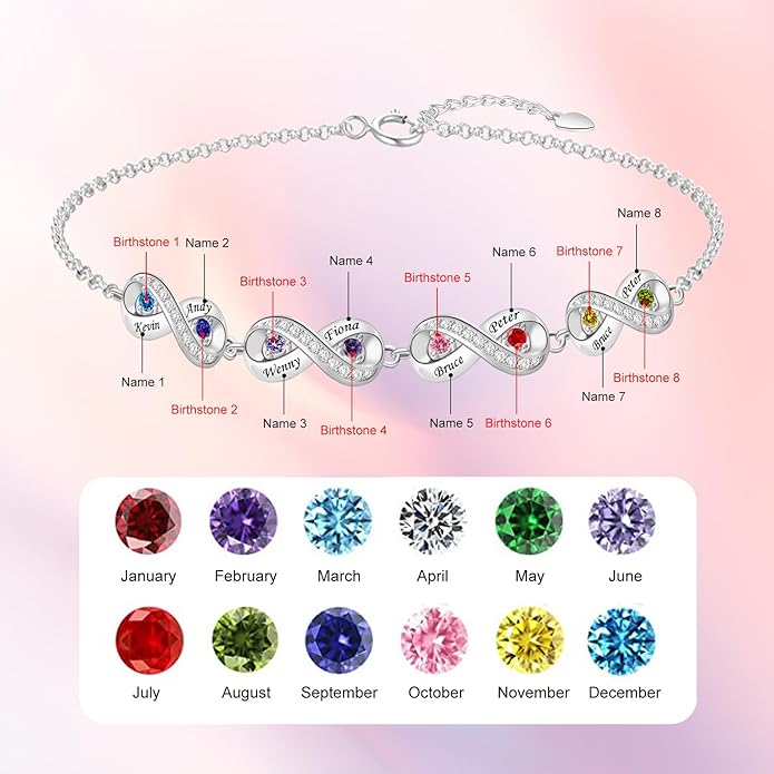 BABOOM Personalized Birthstone Bracelet for Mom Custom Infinity Name Bracelets with 1-8 Birthstones Jewelry Mothers Day Gifts for Women Mother Wife Grandma