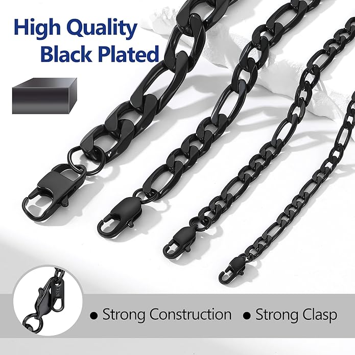PROSTEEL 316L Stainless Steel Figaro Cuban Chain Necklace for Men, Black/18K Real Gold Plated, 4/5/6/7.5/9/10/13mm, 14inch-30inch, Come with Box