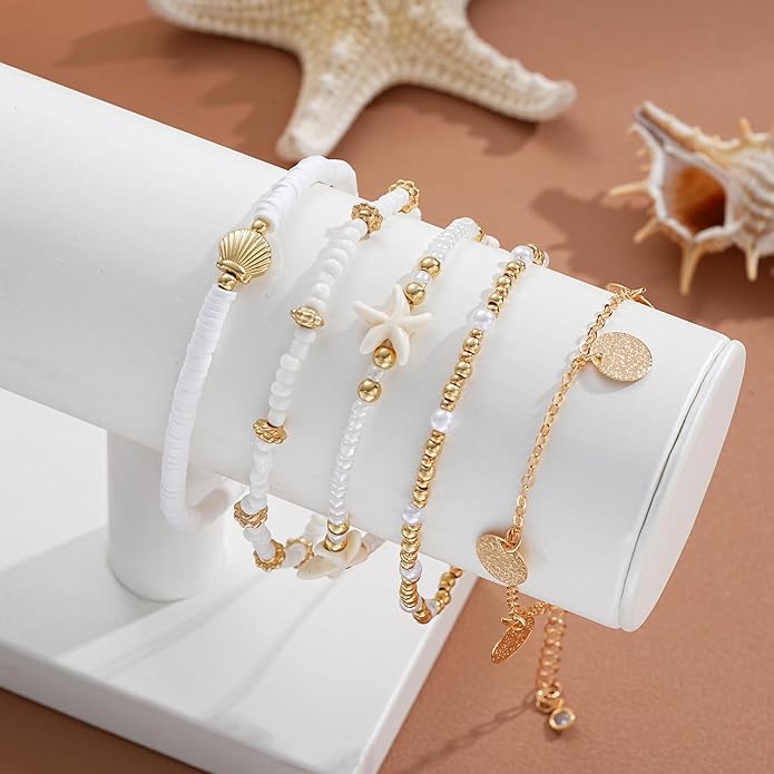 iF YOU Gold Ankle Bracelets for Women, 14k Gold Plated Waterproof Cuban Link Chain Anklets Set, Layered Anklet Bracelets for Women Beach Gift Adjustable Size 5pc
