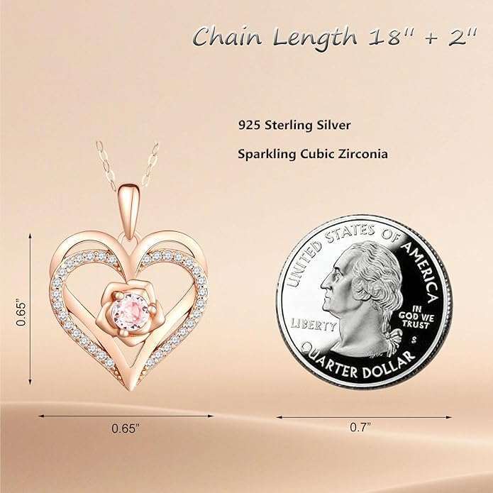 Birthstone Pendant Necklace for Women, Heart Jewelry with Rose Flower Birthday Gift Idea for Wife Girlfriend Mom Friendship on Valentine‘s Day Anniversary Christmas Wedding, 925 Sterling Silver
