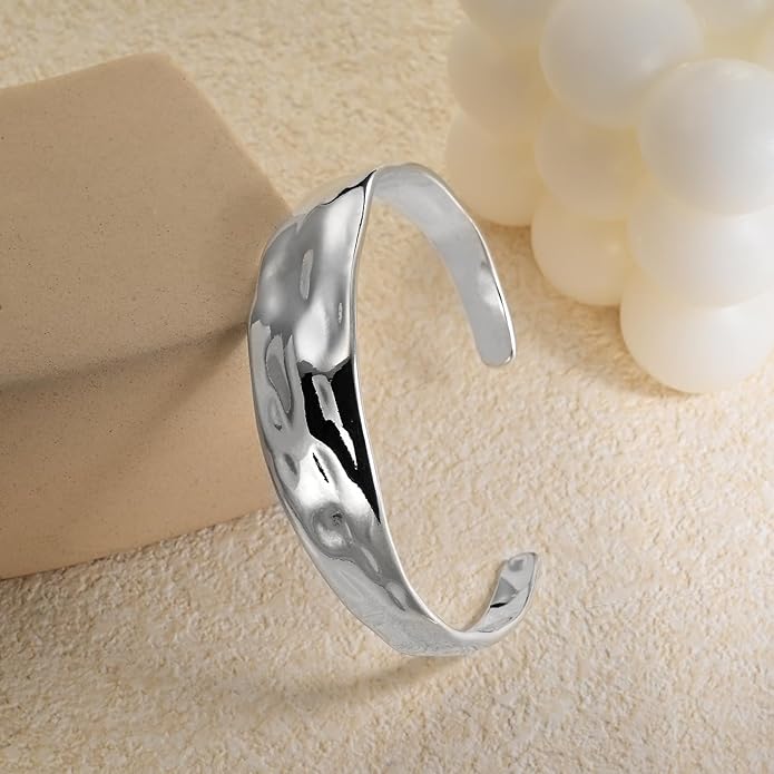 Sterling Silver Chunky Cuff Bracelet Vintage Hammered Texture Style Statement Open Bangle Bracelets for Women Men