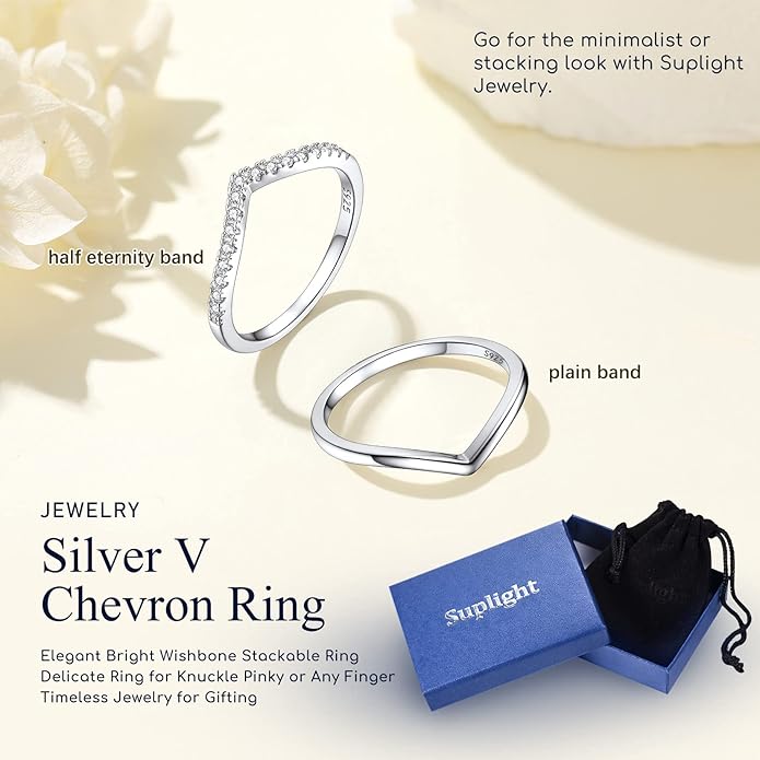 Suplight 925 Sterling Silver Wedding Band Rings, Full Cubic Zirconia Wishbone Ring Love/Lucky Engagement Promise Rings For Women, Size 4-12 (with Gift Box)