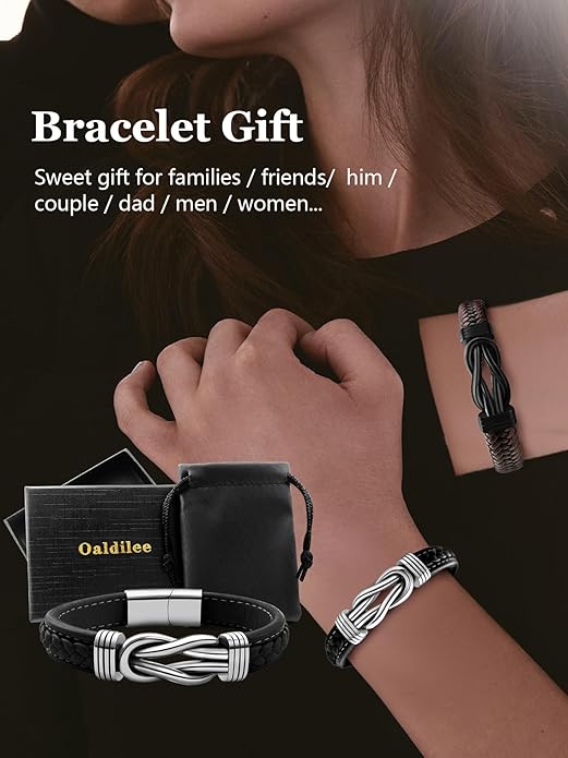 Mens Black Braided Leather Bracelet, Green/Red/Brown/Black Braided Leather Infinity Knot Bracelets for Men with Stainless Steel Clasp, 7.5/8.5/9in Length
