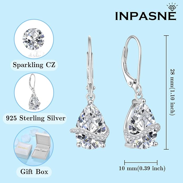 Teardrop Jewelry Set for Women 925 Sterling Silver Cubic Zirconia Necklace Dangle Drop Leverback Earrings April Birthstone Jewelry Gifts for Her