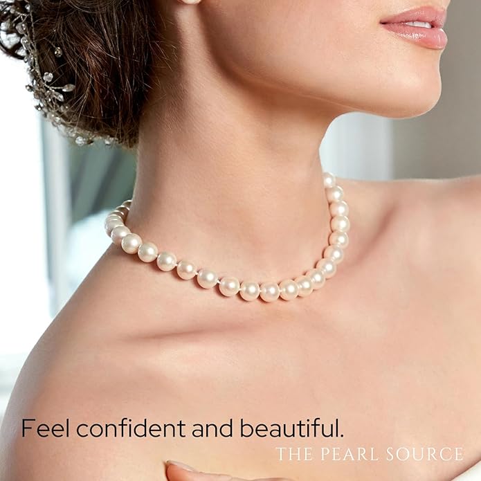 The Pearl Source Real Pearl Necklace for Women with AAA+ Quality Round White Freshwater Genuine Cultured Pearls | Pearl Strand with 14K Gold Plated Sterling Silver Clasp