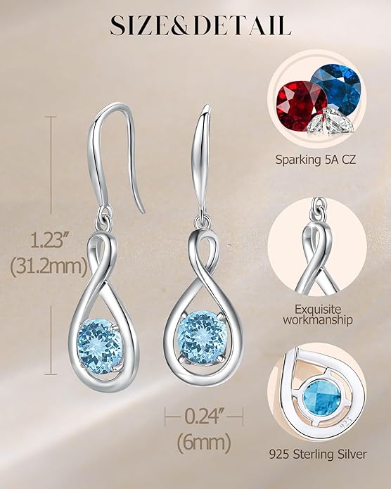 FANCIME Dangle Drop Earrings 925 Sterling Silver Dainty Infinity Round Gemstone Birthstone Jewelry Birthday Gifts for Her Women