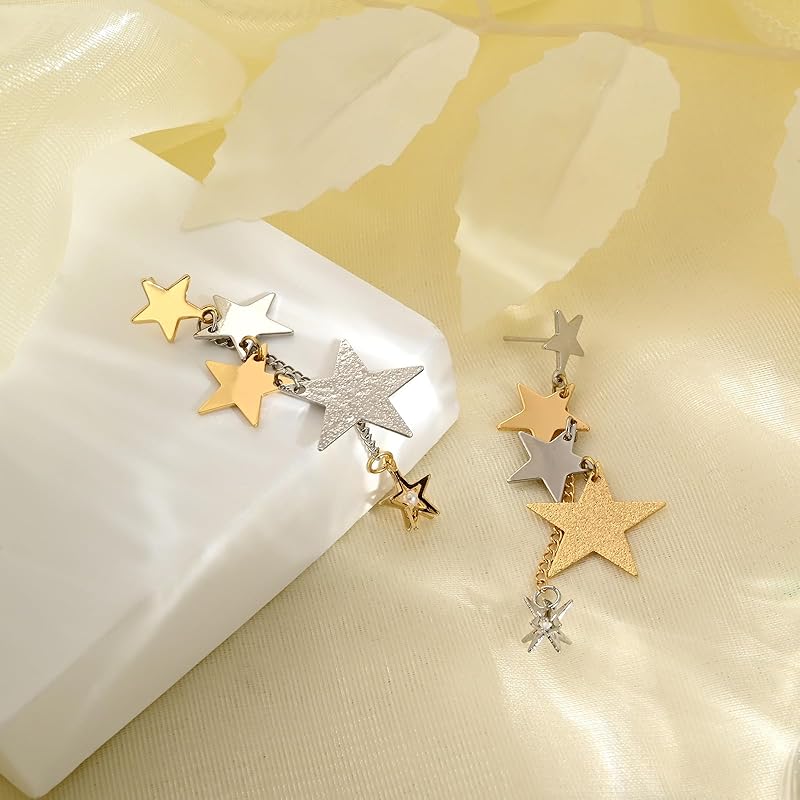 Gold and Silver Sparkly Big Star Drop Earrings Mixed Metal Two Tone Long Tassel Stud Earrings for Women Star Dangling Celestial Jewelry