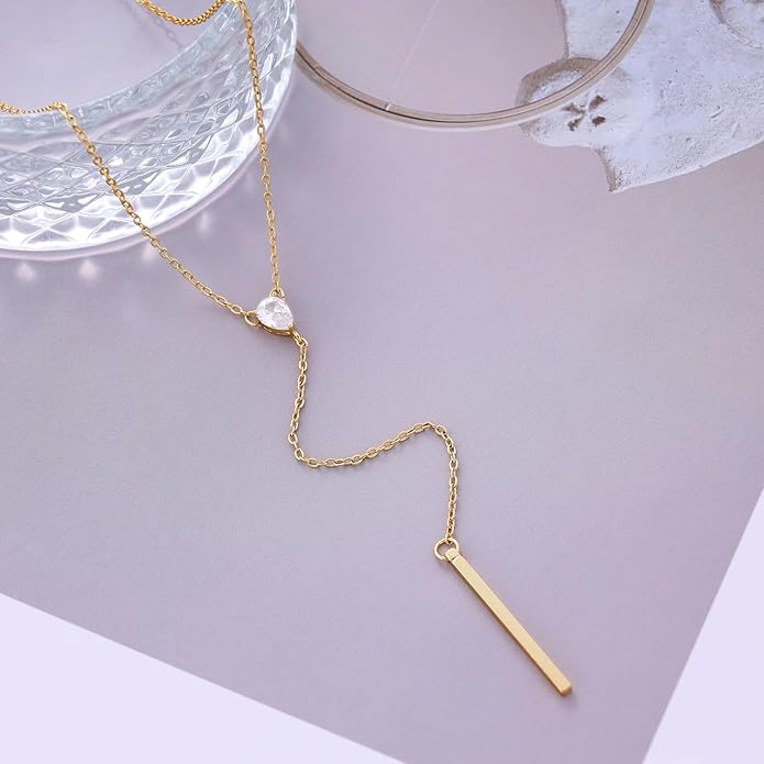 Gold Necklace for Women, Dainty Gold Long Necklaces 14k Gold Plated Prom Bar CZ Lariat Necklace Simple Choker Necklaces for Women Trendy Boho Fashion Costume Jewelry Womens