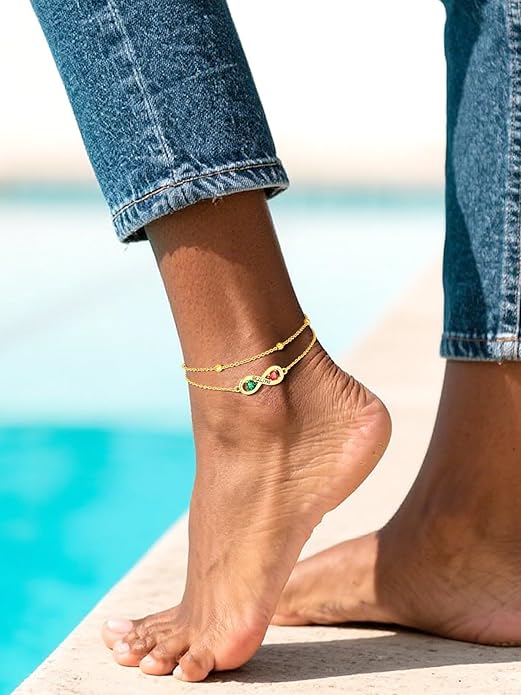 Custom4U Personalized Infinity Ankle Bracelets for Women 925 Sterling Silver Anklet Bracelet Endless Love Symbol Birthstone Charm Adjustable Foot Chain Jewelry Mothers Day Gifts for Mom Wife Women Her