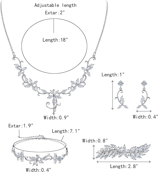 Crysdue Flower Leaf Wedding Jewelry Set for Bridal Bridemaid, Cubic Zirconia Teardrop Elegant Silver/14K/Rose Gold Plated Vine Necklace Dangle Earrings for Prom Party