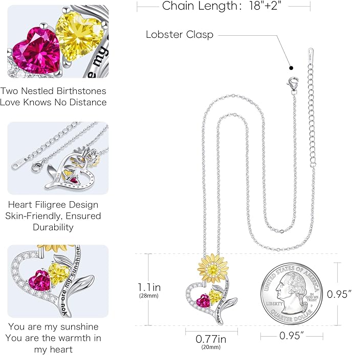 PERJI Valentine's Day Gifts for Women - 925 Sterling Silver Double Birthstone Sunflower Necklace, Anniversary Birthday Jewelry You are My Sunshine Gifts for Wife Couple Girlfriend 18"+2" Non Tarnish