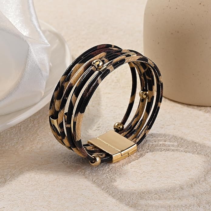 ENGCKSHI Wrapped Bracelets for Women,Leather Bracelet,Boho Bracelets for Women,Multi-Layer Pearl Crystal Bracelet Bangle Jewelry