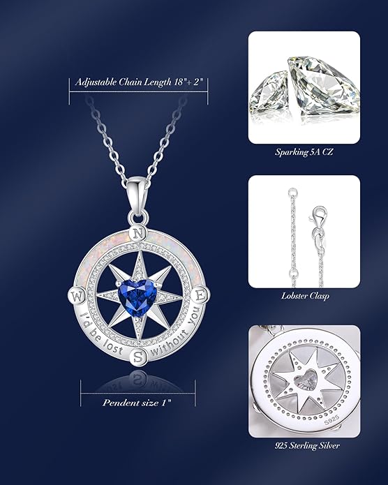 FANCIME Compass Necklace for Women Sterling Silver Compass Jewelry Opal Pendant Fine Jewelry Gemstone Birthday Mother's Day Gifts for Wife