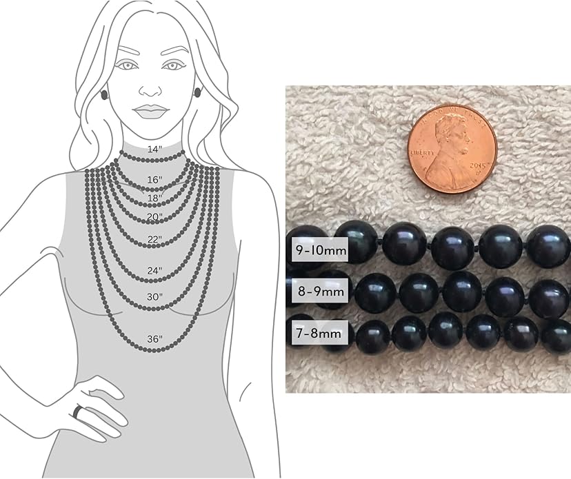 II ROUND PEARL II Real Black Pearl Necklace for Women Pearl Jewelry for Men Sterling Silver Genuine Cultured Freshwater Wedding Anniversary Birthday Gift Strand