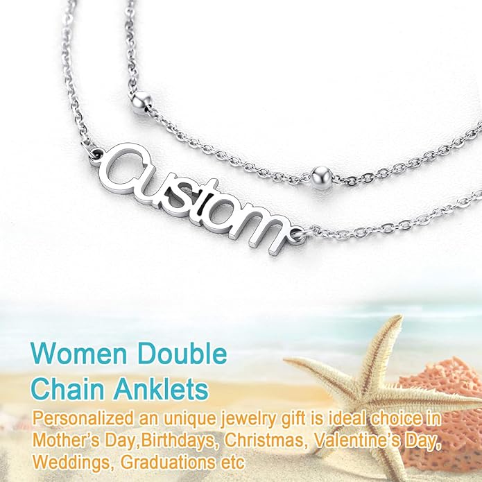 U7 Custom Layered Ankle Bracelets for Women Stainless Steel Bead/Cuban/Figaro/Rope/Wheat Chain Anklet Waterproof Anklet Jewelry for Beach Vacation