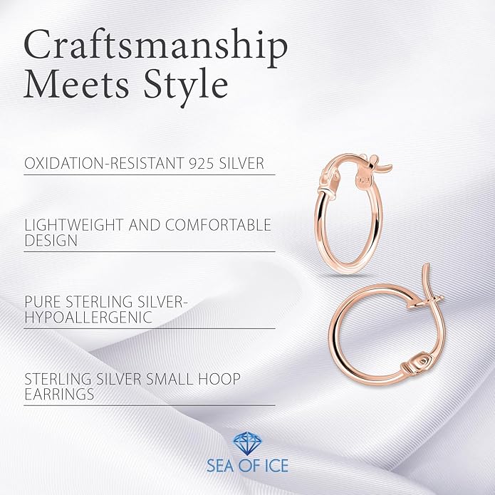 SEA OF ICE 925 Sterling Silver Hoop Earrings for Women - Hypoallergenic Earrings for Women in Sterling Silver, Yellow Gold, Rose Gold or Black Rhodium | Sizes 12MM, 15MM, 20MM or Multipack