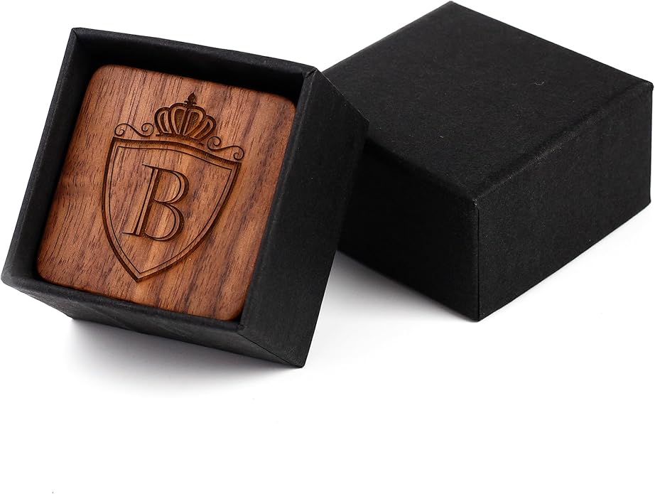 Mens Initial Silver Cufflinks A-Z Alphabet Letter Steel Cuff Links with Engraved Walnut Wood Box Groom Groomsman Wedding Set…