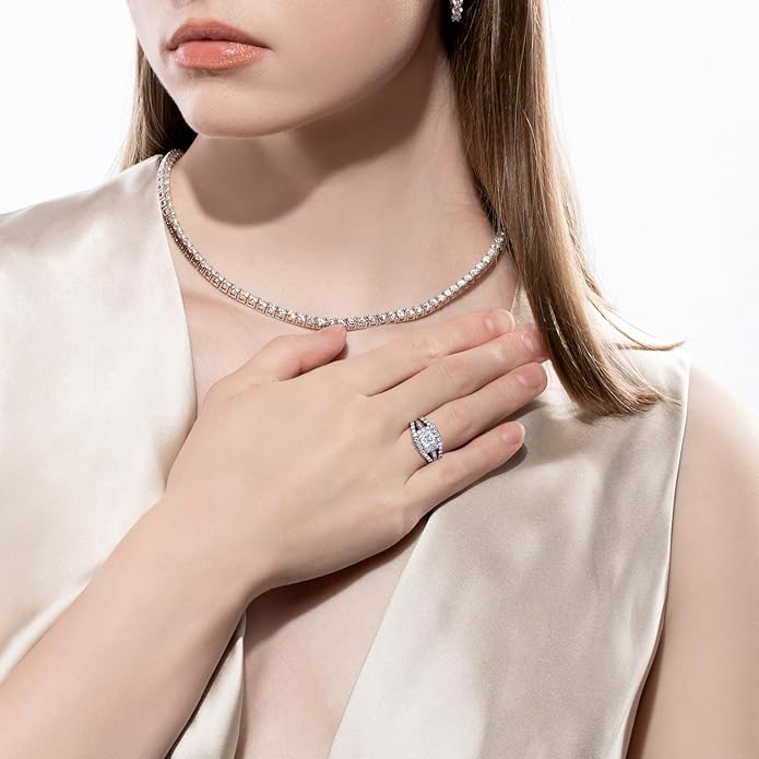 AnuClub Princess/Cushion/Oval Cut Moissanite Engagement Rings 3-3.884cttw D Color VVS1 925 Sterling Silver 3 Rows Vintage Halo Wedding Promise Statement Rings for Women with Certificate