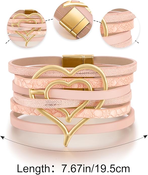 Edoneery Leather Wrap Bracelet for Women, Boho Handmade Multi-Layer Cuff with Crystal Beads Heart, Stackable Bangle Western Jewelry Gift