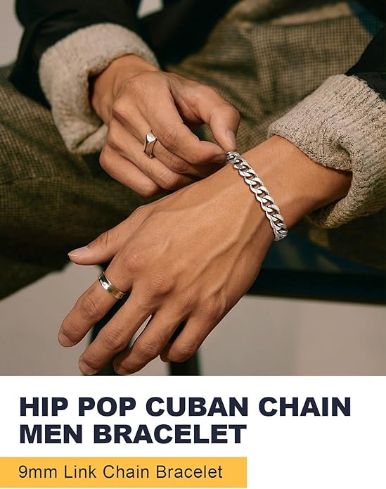 U7 Link Bracelets for Men, Cuban Link/Rope/Watch Band Solid Bracelet, Silver Black Gold Color Wrist Bracelet 3/6/9/12/15mm Width, 6.5/7.5/8.3 Inch Length, Hand Chain Jewelry for Mens Women
