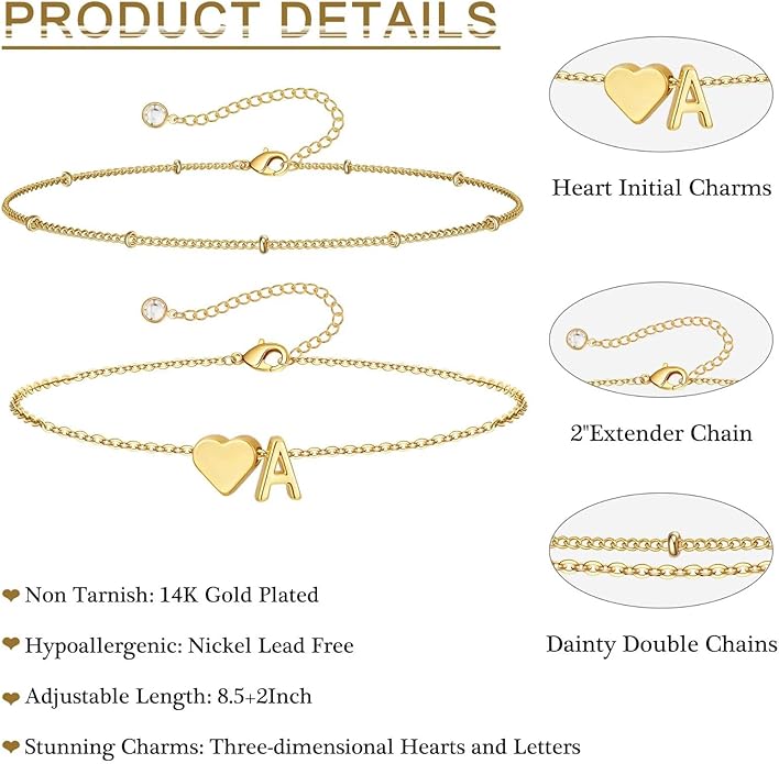 M MOOHAM Gold Initial Ankle Bracelets for Women - Layered Heart Letter A-Z Initial Dainty Gold Anklets for Women Waterproof, Womens Anklets Jewelry Birthday Gifts Jewelry