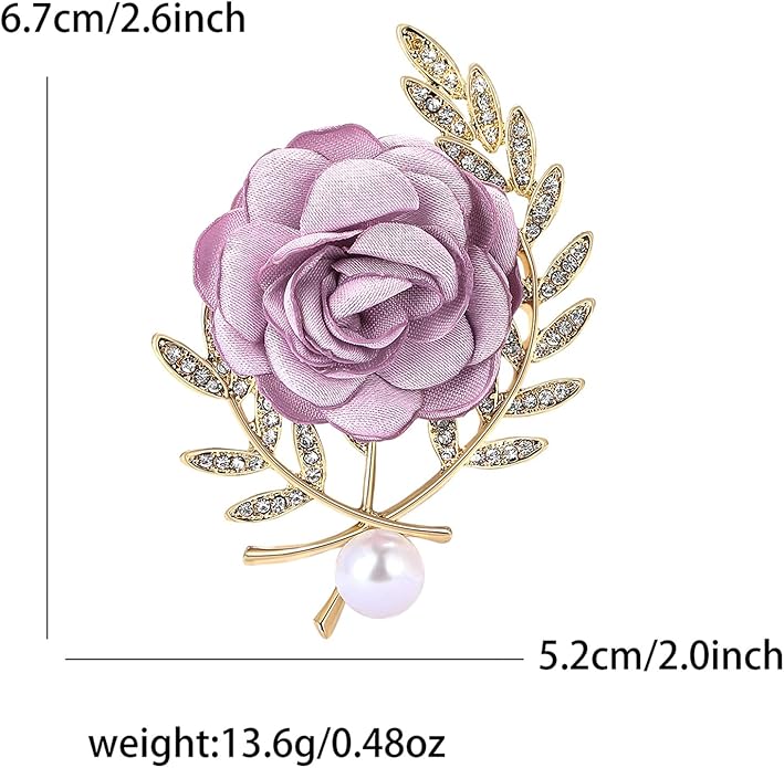 Rose Brooch for Women,Dainty Satin Fabric Flower Lapel Pins Vintage Elegant Pearl Brooches Handmade Crystal Pearl Pins Silk Camellia Safety Collar Pin Dress Suit Accessories Wedding Bridal Bouquet Jewelry