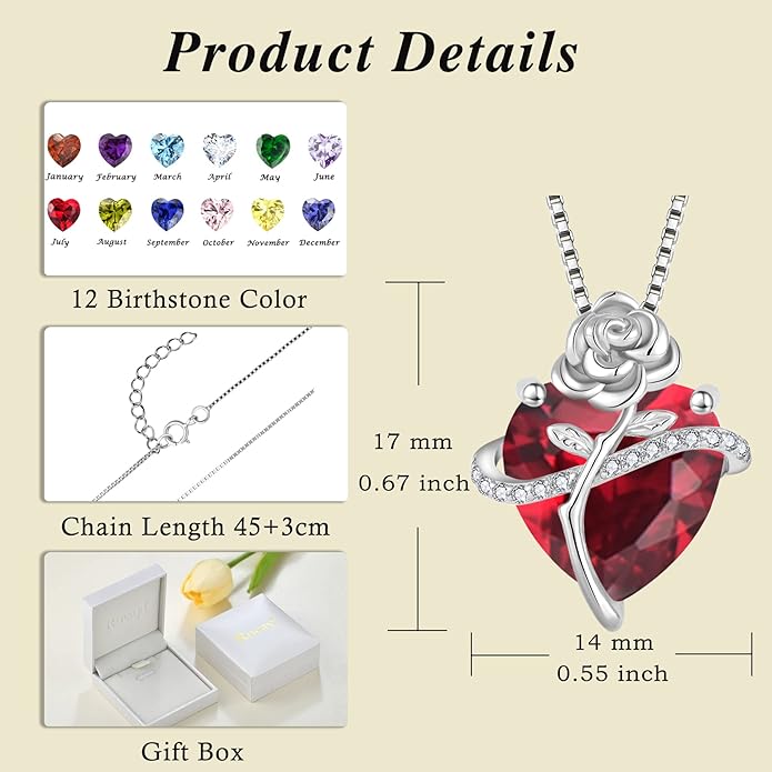 Birthstone Necklace for Women 925 Sterling Silver Love Heart Rose Flower Necklace Dainty Jewelry Gifts for Women Wife Girlfriend Mother Daughter Her