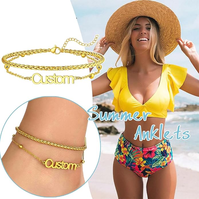 U7 Custom Layered Ankle Bracelets for Women Stainless Steel Bead/Cuban/Figaro/Rope/Wheat Chain Anklet Waterproof Anklet Jewelry for Beach Vacation