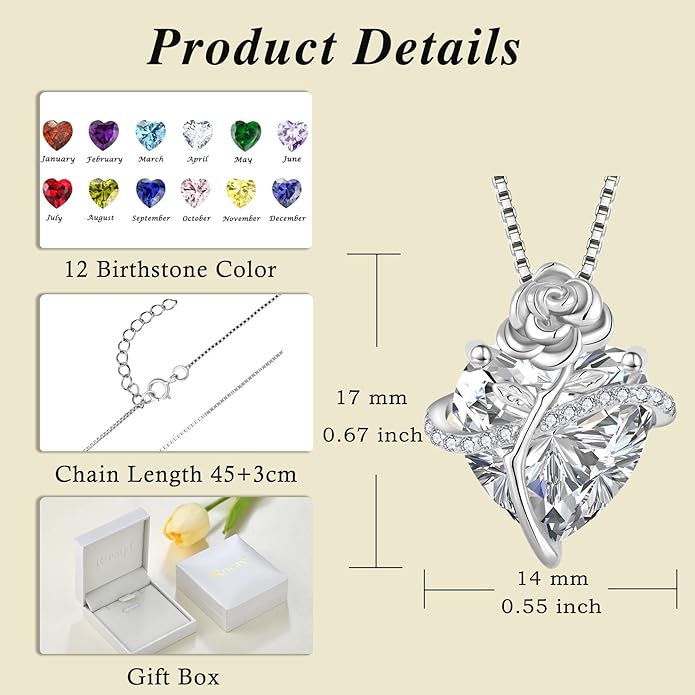Birthstone Necklace for Women 925 Sterling Silver Love Heart Rose Flower Necklace Dainty Jewelry Gifts for Women Wife Girlfriend Mother Daughter Her