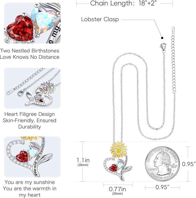PERJI Valentine's Day Gifts for Women - 925 Sterling Silver Double Birthstone Sunflower Necklace, Anniversary Birthday Jewelry You are My Sunshine Gifts for Wife Couple Girlfriend 18"+2" Non Tarnish