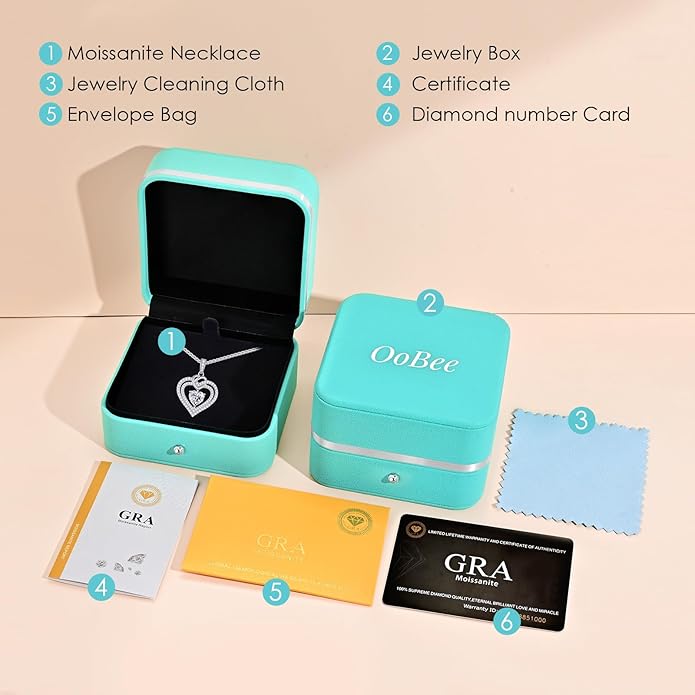 OOBEE Moissanite Heart Necklaces for Women, 1- 4 Carat Moissanite 925 Sterling Silver Gold Plating Fine Women Necklace,Ideal Anniversary Birthday Christmas Valentine Mothers Day Jewelry Gifts for Mom Wife Her Girlfriend