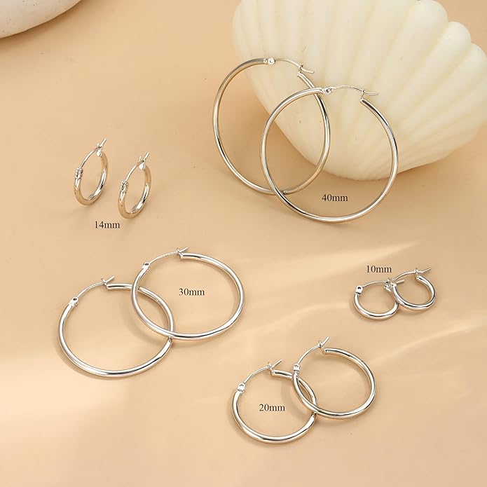 FUNRUN JEWELRY 5 Pairs 925 Sterling Silver Hoop Post Earrings for Women-Small 14K Gold Silver Hoops Earrings,Hypoallergenic Silver Hoop Earring for Women-Medium Big Hoops Stack Earring 10/14/20/30/40mm