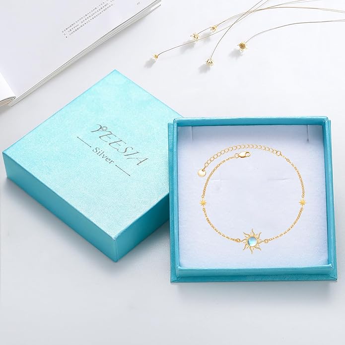 Sun Bracelet/Anklet 925 Sterling Silver Moonstone Star Sunburst Adjustable Ankle Bracelet Star Celestial Jewelry for Women Daughter Friend Sister