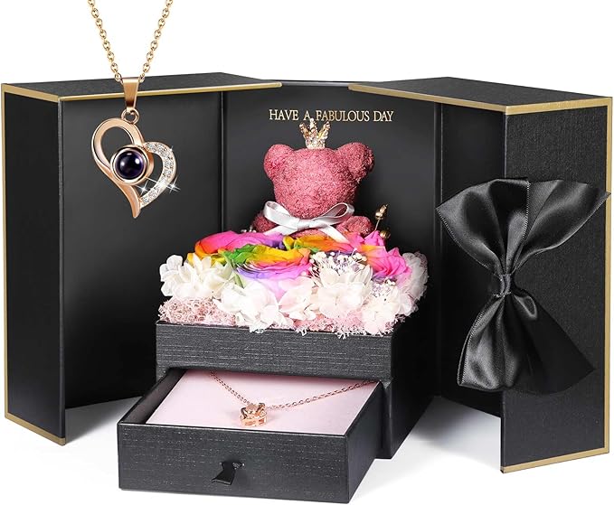 ADDWel Rose Gifts for Women - Preserved Real Roses Forever Rainbow Flowers with I Love You in 100 Languages Necklace and Cute Moss Bear for Girlfriend Wife Mom Grandma on Birthdays, Anniversaries