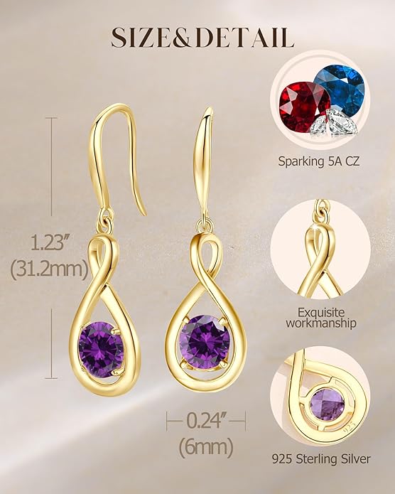 FANCIME Dangle Drop Earrings 925 Sterling Silver Dainty Infinity Round Gemstone Birthstone Jewelry Birthday Gifts for Her Women