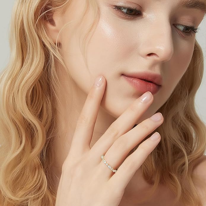 SHINYSO 14K Gold Plated Wedding Band for Women Thin Stacking Ring Half Cubic Zirconia Eternity Engagement Ring Size 4-10