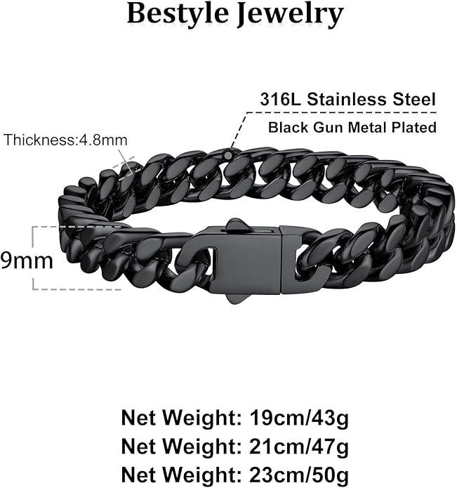 Bestyle Thick Mens Cuban Link Chain Bracelets, Durable Real 18K Gold/Black Metal Plated Solid Stainless Steel Hand Chain Cuban Bracelets for Men, Silver Black Gold Bracelets for Father Husband